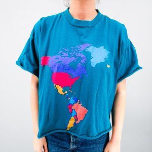 Vintage Lee Colorful World Map Front & Back Cropped Short Sleeve T-Shirt - XL